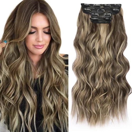 Vista 12 de Extensiones de cabello rubio con clip, de 22 pulgadas, extensiones de cabello largo y rizado con clip, 4 unidades, extensiones de cabello sintético