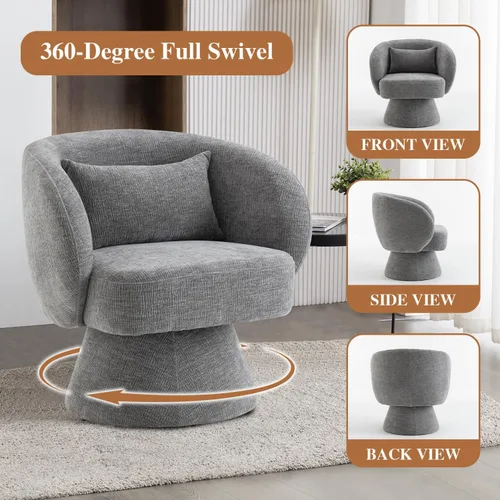 Vista 5 de Silla giratoria de 360°, moderna silla de barril de terciopelo con almohada, sofá individual tapizado para sala de estar, dormitorio, oficina. Gris
