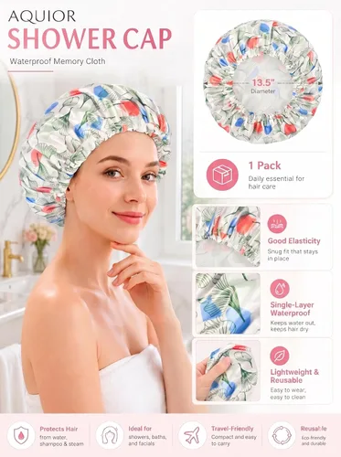 Vista 5 de Aquior Gorro de ducha grande reutilizable impermeable para mujeres, gorro de ducha para cabello largo y grueso, para todas las longitudes de Verde