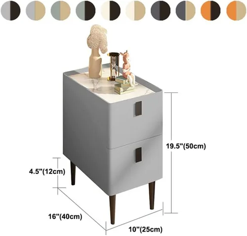 Vista 2 de Mesita de noche moderna de madera maciza con almacenamiento de 2 cajones, parte superior de mármol, práctica mesa auxiliar auxiliar para dormitorio