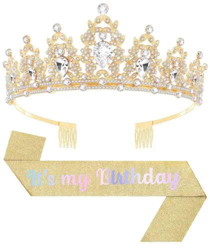 Vista 13 de Tiara de cumpleaños y corona con banda, tiara de cumpleaños para fiesta de mujeres (rosa)