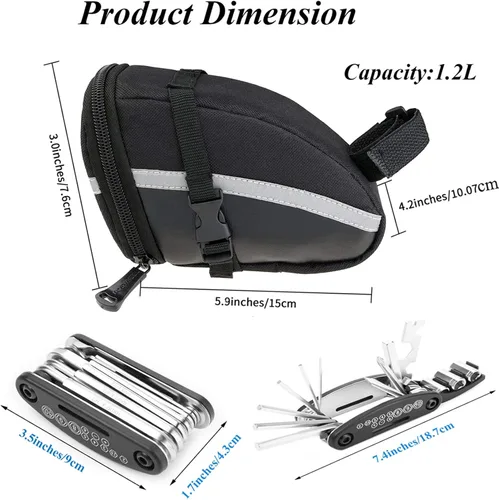 Vista 2 de Bolsa de sillín de bicicleta con kits de herramientas de reparación, bolsa de sillín de bicicleta con juego de reparación, bolsa de bicicleta debajo