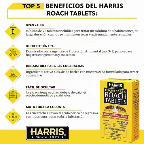 Vista 3 de Tabletas para cucarachas Harris, polvo mata cucarachas de ácido bórico con señuelo para insectos (4 oz, 96 tabletas)