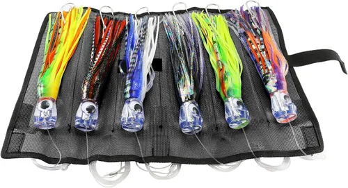 Vista 8 de OCEAN CAT Juego de señuelos de pesca de agua salada, anzuelo de pesca en alta mar y faldas de pulpo/calamar de 6 pulgadas/9 pulgadas para atrapar