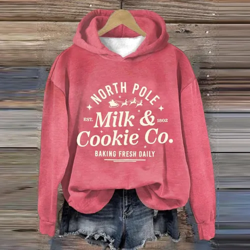 Vista 3 de Sudaderas de Navidad con capucha para mujer, con estampado de letras, informales, de manga larga, con forro polar