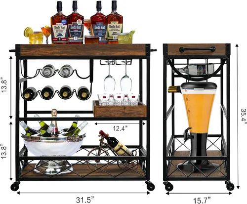 Vista 7 de Carrito de bar para el hogar, carrito de servicio industrial de 3 neumáticos con ruedas bloqueables, carrito de bebidas alcohólicas con 2 bandejas