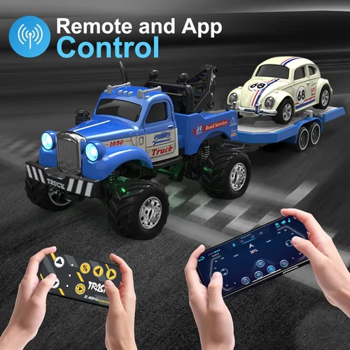 Vista 3 de MOONTOY 1:64 Escala Mini RC Car Alloy RC Truck con luces LED y remolque 2.4Ghz Remote and App Control Toy Car, 3-Speed Adjustment Pocket Mini Rc