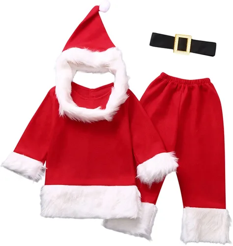 Vista 3 de Fdrone Traje de Papá Noel para niños y niñas, disfraz de Papá Noel, parte superior de felpa, pantalones, cinturón, sombrero de barba para niños