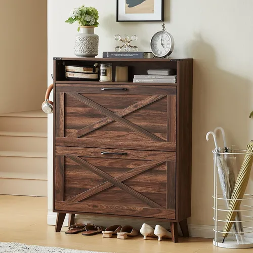 Vista 13 de Joaxswe Gabinete de Almacenamiento de Zapatos con 2 Cajones Abatibles, Organizador Estilo Granja para Entrada, Estante Oculto Estrecho con Patas