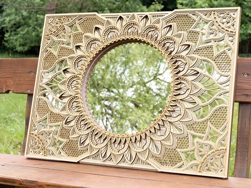 Vista 12 de BHDecor Espejo para decoración de pared para el hogar, marco tallado con corte láser, elegante mandala de madera para colgar, paneles de MDF