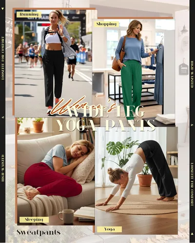 Vista 28 de Neer - Conjunto de 3 pantalones de yoga de pierna ancha para mujer - Pantalones deportivos cómodos, holgados, de cintura alta y casuales