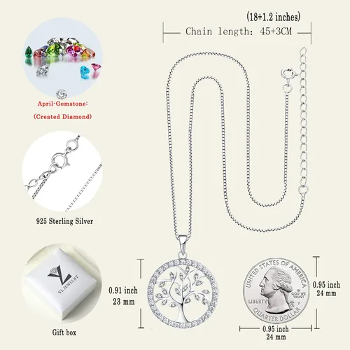 Vista 6 de YL Collar de árbol de plata de ley 925 con dije de esmeraldazafirogranateamatistacirconita, redondo, halo de vida familiar de joyería, Metal