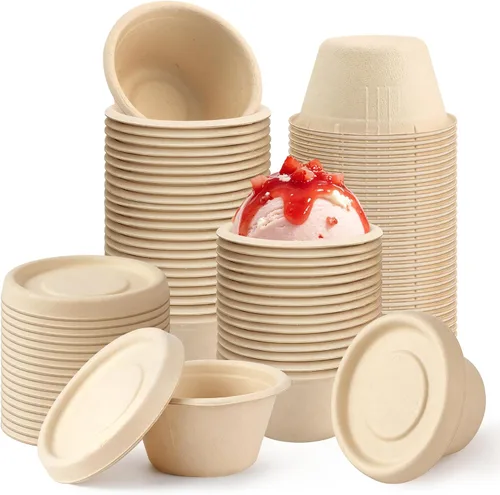 Vista 10 de Vmiapxo 100 juegos de tazas de condimento de fibra de bagazo natural de 2 onzas con tapas, recipientes de condimentos de salsa compostables, platos