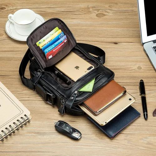 Vista 8 de BAIGIO Bolso de hombro de cuero genuino para hombre, maletín de mensajero, bolso de mano cruzado, bolso de viaje