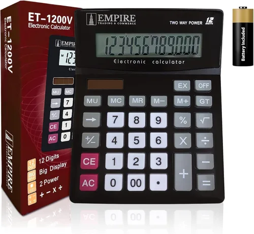 Vista 7 de Empire - Calculadora de escritorio con botones de teclas grandes, pantalla grande de 12 dígitos en ángulo de ojo, funciona con energía solar