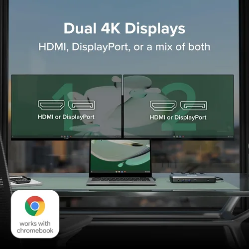 Vista 2 de Plugable Estación de acoplamiento dual 4K USB-C 12 en 1, funciona con certificado Chromebook, carga de 60 W para aulas y negocios, ChromeOS/Windows