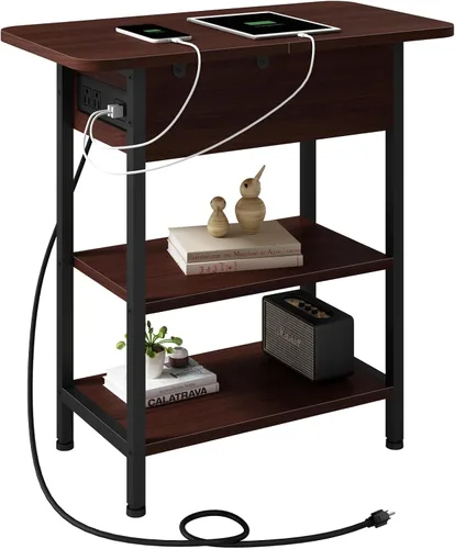 Vista 11 de LIDYUK Mesa auxiliar con estación de carga, mesa auxiliar abatible con puertos USB y tomas, mesita de noche para espacios pequeños, mesitas de noche
