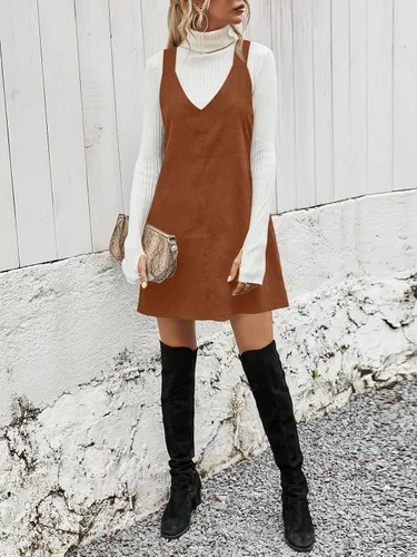 Vista 5 de Koinshha Vestido de pana de moda para mujer, con cuello en V, sin mangas, lindo vestido corto