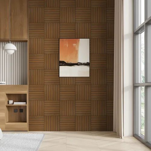 Vista 6 de WADILE Paneles de pared de listones de madera para despegar y pegar, de 12"x12" (30×30cm), decorativo, PVC, insonorizado, autoadhesivo, para sala