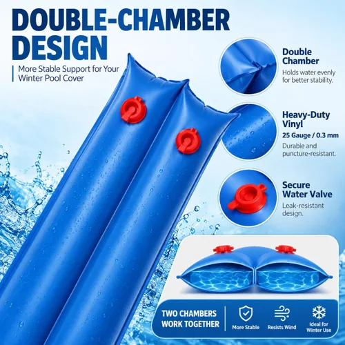 Vista 2 de Bolsas de agua para piscina, paquete de 5 unidades, tubos de agua de cámara doble de 8 pies de alta resistencia, Pesos para cubierta de piscina