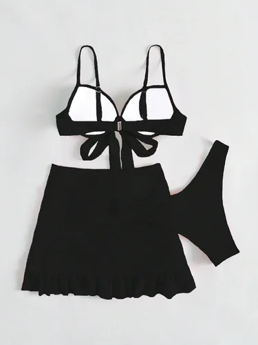 Vista 2 de WDIRARA Traje de baño de 3 piezas para mujer con nudo frontal y falda de playa con dobladillo fruncido