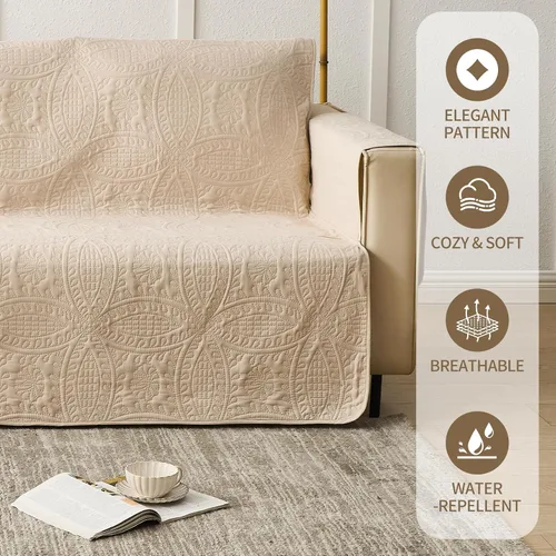 Vista 2 de JYHOPE Funda elástica lavable con correas traseras de amarre y patrón texturizado de monedas, protector de muebles antideslizante para sofá modular