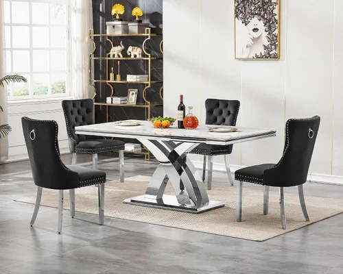 Vista 35 de Juego de mesa de comedor de cristal plateado moderno de 70 pulgadas para 4, juego de mesa de comedor rectangular de 5 piezas con patas de acero