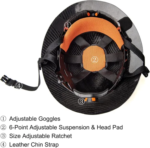 Vista 7 de Casco rígido de fibra de carbono de ala completa con gafas - Casco de seguridad con suspensión de trinquete ajustable de 6 puntos - Cumple con ANSI