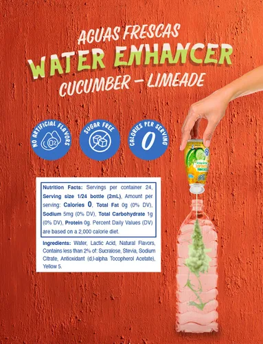 Vista 2 de Klass Aguas Frescas Potenciador líquido de agua sin azúcar, sabor natural, pepino y lima Paquete de 4 unidades de 1.62 onzas