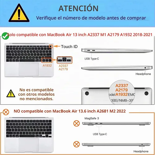 Vista 2 de Funda compatible con MacBook Air de 13 pulgadas 2022, 2021-2018 A2337 M1 A1932 A2179, carcasa de plástico duro duradero, cubierta de teclado