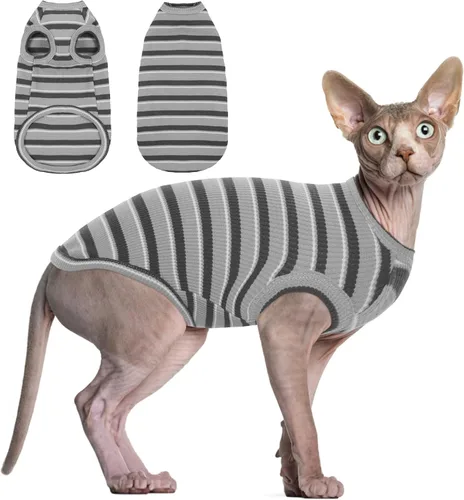 Vista 8 de BRKURLEG Camisa de punto para gatos, chaleco sin mangas para gatos Sphynx y perros pequeños, ropa suave de primavera y verano, camisetas Rayas azules