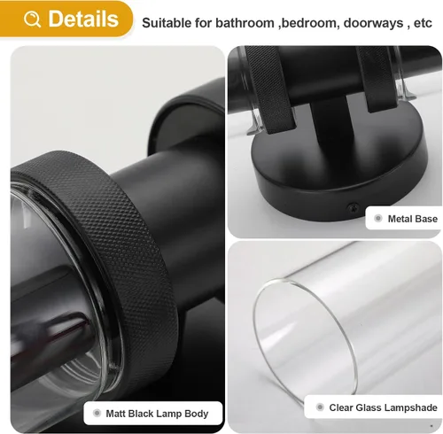 Vista 5 de Lámpara de Tocador de 2 Luces Espejo Lateral Accesorios de Baño Estilo Granja Negro, E26 Lámparas de Pared para Dormitorio, Iluminación Industrial