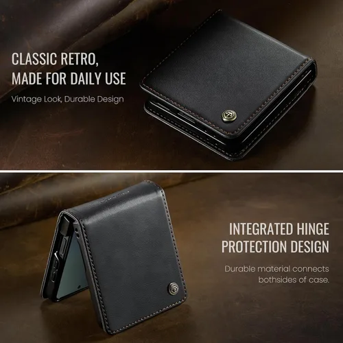 Vista 8 de Funda tipo cartera para Samsung Galaxy Z Flip 7 de piel con tarjetero y función atril, cierre magnético, bloqueo RFID, TPU a prueba de golpes Negro