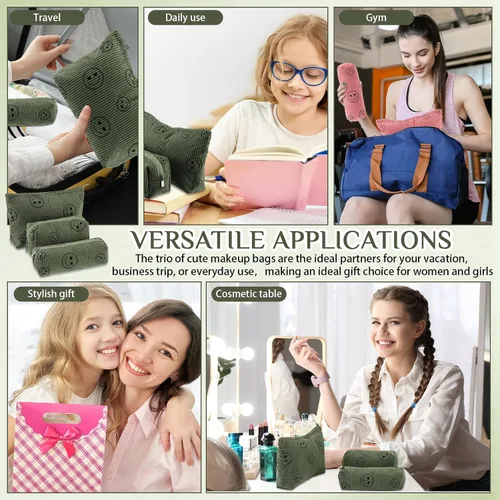 Vista 7 de Huhumy Juego de 3 bolsas de maquillaje para mujeres, bolsa cosmética de pana con sonrisa estética, bolsa de viaje para artículos de tocador, linda