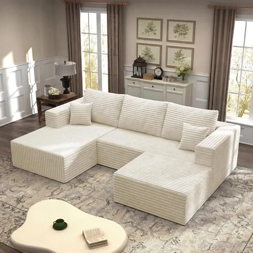 Vista 34 de Sofá modular en forma de L de 118 pulgadas, moderno sofá modular de pana de espuma viscoelástica de 4 plazas con otomana, asiento profundo tapizado
