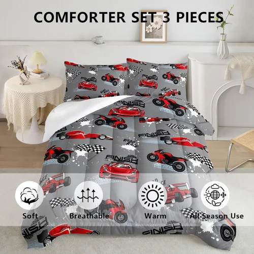 Vista 4 de Juego de edredón para niños Axolotl, tamaño individual, juego de ropa de cama con diseño de autos de carreras para niños, niñas, adolescentes