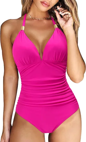 Vista 50 de RXRXCOCO - Traje de baño fruncido de una pieza, con cuello en V, para mujer, con control de abdomen y cuello halter