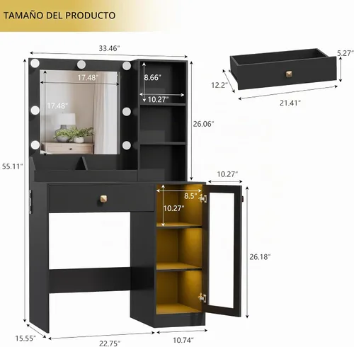 Vista 2 de Wodeer Pequeño escritorio de maquillaje con espejo y luces, tocador con armario de cristal, luces LED y toma de corriente, cajón y gabinetes