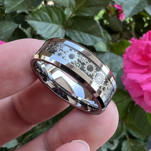 Vista 3 de Wow Jewelers - Anillo de tungsteno de 6 mm y 8 mm color negro, plateado, rojo y azul para hombres y mujeres, anillos de matrimonio estilo Steampunk