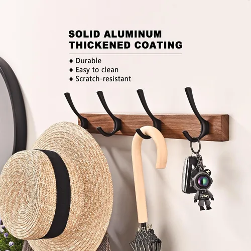Vista 3 de Perchero de pared pequeño de madera de nogal de 17.3 pulgadas con 4 ganchos, colgador de chaquetas de madera resistente montado en puerta