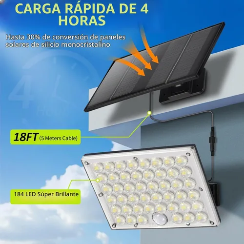 Vista 3 de Pack de 2 luces solares con 184 LED para exteriores, con sensor de movimiento, luces solares de pared impermeables al aire libre con 3 modos