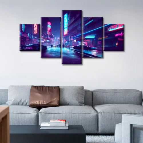 Vista 50 de Cuadros de 5 paneles de Cyberpunk City, arte de pared, representación de vallas publicitarias, edificios modernos en la capital con obras de arte