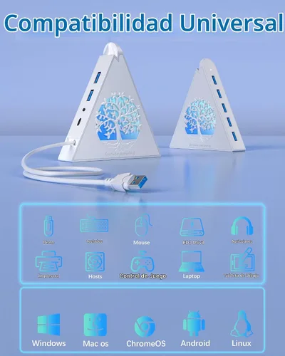 Vista 8 de Hub USB 3.0 de 7 puertos, divisor de concentrador USB vertical blanco con iluminación RGB en forma de árbol, transferencia de alta velocidad de 5