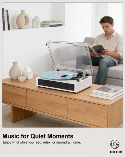 Vista 4 de Tocadiscos de vinilo Bluetooth, reproductor de vinilo retro de 3 velocidades con altavoces integrados, entrada AUX, parada automática, grabación