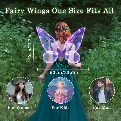 Vista 4 de Alas de hadas iluminadas para niñas, alas brillantes y transparentes, mariposa, hada, Halloween, alas de ángel, para niños y adultos