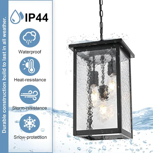 Vista 7 de TODOLUZ Lámpara colgante grande de 3 luces para exteriores, iluminación de porche colgante exterior con vidrio martillado, cadena larga ajustable