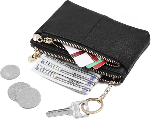Vista 3 de Mini monedero con cremallera de cuero genuino para mujer, con llavero con triple cremallera, tarjetero Negro
