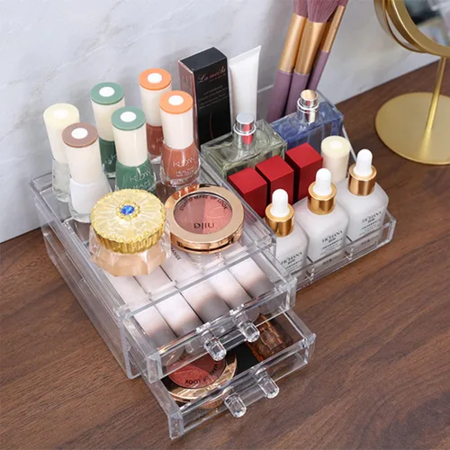 Vista 2 de Organizador de maquillaje pequeño de acrílico con cajones, organizador de cuidado de la piel transparente para tocador, cómoda, encimera de baño