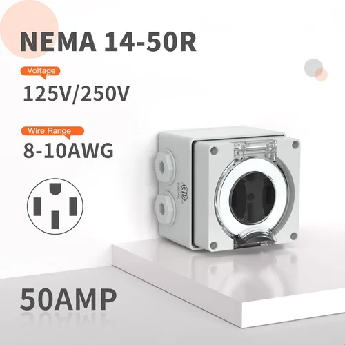 Vista 2 de Caja de toma de corriente de 50 amperios Muelnmey, panel de receptáculo al aire libre resistente a la intemperie NEMA 14-50R de 125/250 voltios