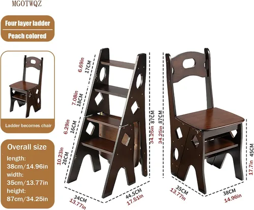 Vista 2 de Silla de escalera de biblioteca de madera, silla plegable de 4 escalones, ideal para el hogar, biblioteca y cocina, funciona como soporte de flores